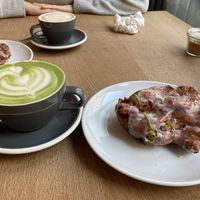 Vegan apple fritter & matcha latte with oat milk  at Atelier Dough in Berlin