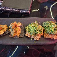 Silken tofu, avo, black sesame crackers: delicious; Brown rice cracker w/asian herbal butter: very good, and a surprising hint of wasabit at Shu in Collingwood