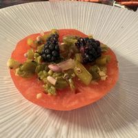 Heirloom tomato and pickled beans   at Shu in Collingwood