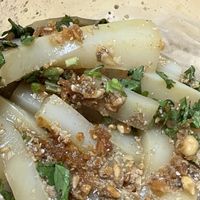 Green pea noodles (stripes) -super tasty 😋   at Tofu Porridge -ข้าวฟืนอุ่น in Chiang Mai