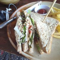 Vegan sandwich (mushrooms, quinoa, tomato, lettuce) at Bay View Cafe in Phang Nga