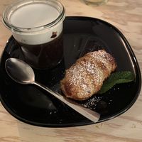 Dinner night dessert (vegan) - Sticky black rice with salted coconut milk and fried banana  at Devy Indonesian Street Food in Hamburg
