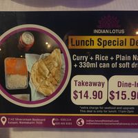 Lunch special! Naan may be substituted for vegan option at Indian Lotus - Restaurant and Takeaway in Kaiapoi