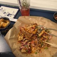 You can order the pulled chicken salad with tofu to make it vegan. On the left is fried tofu with peanut sauce (not my favorite )  at Asian Pavillon in Vienna