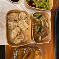 homemade dumplings, edamame, spring rolls, fried noodles at Asian Pavillon in Vienna