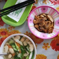 Mushroom soup and vegan sausage at Tin Nghia in Ho Chi Minh City