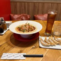 Spicy ramen and bean sprout gyoza with an iced oolong tea at Isogami Gyoza Bar Tomako in Kobe