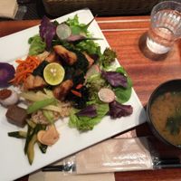 Soy meat, brown rice, vegetables & salad. at Tao Vege Cafe in Tokyo