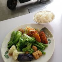 75 dollars for full plate of veggies plus rice. Theres spicy soy sauce and another nice sauce to add if you like at Ming Der Vegetarian Buffet in Kaohsiung