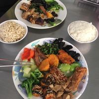 100$ the full plate with rice + free soup at Ming Der Vegetarian Buffet in Kaohsiung