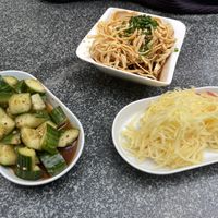 3 vegan starters: cucumber salad, soy strips salad, potato strips saladd  at Chang an Noodle House in Hannover