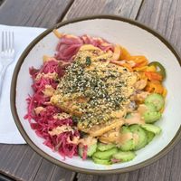 Donburi bowl without egg w/ browned tofu  at Little Sama  in Ojai