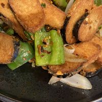 Stir fried mock fish with salt and chillies  at Au Lac Royal Vegan Cuisine in Dickson