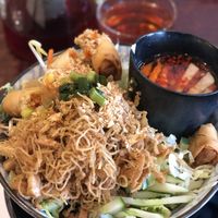 Noodle bowl with shredded tofu and spring rolls - new favourite! Sooo good ❤️❤️ at Au Lac Royal Vegan Cuisine in Dickson