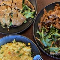 Soy honey chicken, soy beef with chilli and fried rice at Au Lac Royal Vegan Cuisine in Dickson