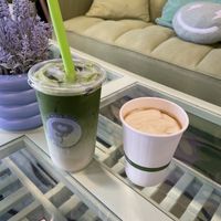 Matcha iced milk tea (soy milk) and Dou Hua dessert warm (can be ordered cold)  at The Bean Flower  in Durham