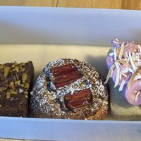 Pistachio and halva brownie, rhubarb brioche and ube and coconut cake. All amazing. You can bring  your own container.   at Better Now in Brunswick East