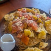 pancake paradise: diced papaya, banana, mango, apple, orange at Lovegan Cafe in Moalboal