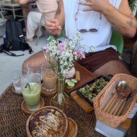 Pb banana smoothie bowl, tofu sising, pistachio matcha and hazelnut latte at Lovegan Cafe in Moalboal