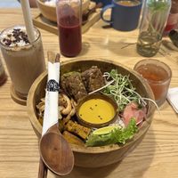 Vedic salad bowl, coconut coffee and pink ginger kombucha  at iVegan Supershop Hoi An - Healthy Plant Based Cafe in Hoi An