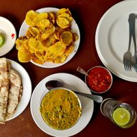 The famous bhajias and palak daal with roti. at Slush Coffee World in Nairobi