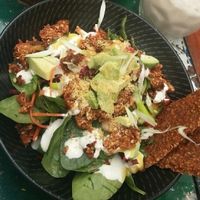 Taco salad, falafel salad and hazelnut mylk banana smoothie - all delicious!  at The Plant Organic Cafe and Market in Bunbury