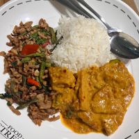 Tofu curry, and pork and basil dish and rice   at Sawasdee Vegetarian in Bangkok