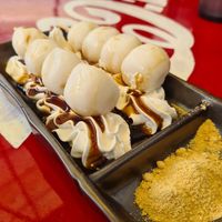 Dessert dumplings with soy cream and brown sugar at Kasu Udon EBISUYA Main Store in Osaka