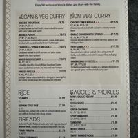 Menu with separate vegan curry section and vegan options marked throughout the rest of the menu.  at MONA'S in London