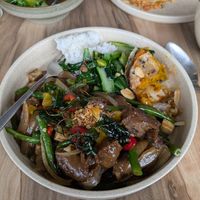 Pulled Shiitake and Firm Tofu Five Spice Stirfry with three sides. at Dee Den in Buderim