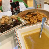 Carrot soup, citrus salad, veggie pasta. All VEGAN at Getfresh - Mercury Ville in Bangkok