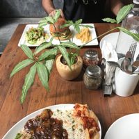 the banana & green pea burger, also my oriental bowl!!!! at Green Theory in Bangalore