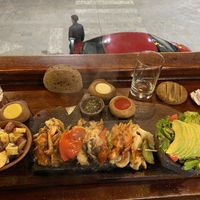 Potatoes, veggie skewers and salad (all vegan)  at La Serranita Restaurant in Ollantaytambo