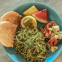 YakiSoba Pesto Pasta with garlic bread  at Home No. 8 in Krabi
