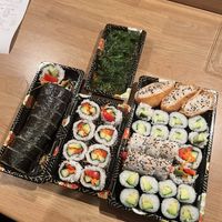 Regular order, vegetarian assorted platter 27 pieces, fried sweet tofu futomaki roll, uramaki vegetarian roll and goma wakame seaweed  at More Than Sushi in Poole