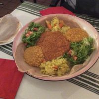 Vegan mixed platter with Injera bread at Nyala Barka in Geneva