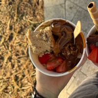 vegan chocolate froyo with cookie dough, strawberries, dark chocolate sauce and biscoff   at Yo-Chi  in Mandurah