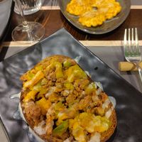 Bruschetta with pumpkin and sausage, and double fried ravioli at Arrecrià Bistrot in Naples