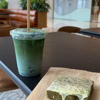 Matcha with butterfly pea Power and matcha brownie  at Matchaful - Brookfield Place in New York City