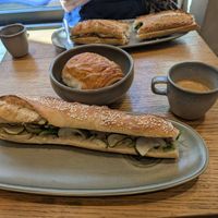 Toona baguette and pain au chocolate. at Land & Monkeys - Montmartre in Paris