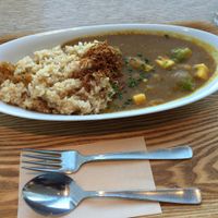 avacado & egg curry with brown rice at Ukafe in Tokyo