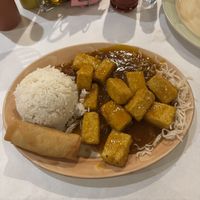 Combo plate: orange tofu, white rice, spring roll  at Wing Lauk in Waterford