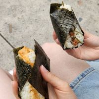 Spicy miso tofu onigiri (left) and ume kombu (right) at SAKAMOTO-YA STREET FOOD in Warsaw