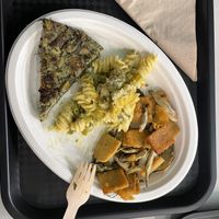 Frittata, pasta al forno con formaggio, tempeh di ceci e puntarelle  at La Radice in Udine