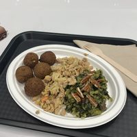 Falafel, pea protein with miso and vegetables, chicoree with olives and pecan nuts  at La Radice in Udine