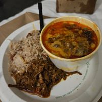 Queso, pinto rice, and barbacoa ste'k at PurelyPlant in Atlanta