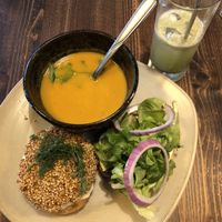 Upstream Burger, Spicy Yam Soup and Cactus Soother at The Coup in Calgary