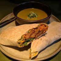 Tempeh shawarma with soup of the day at The Coup in Calgary