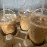 Takeaway iced soya lattes   at Java Coffee Shop in Keswick