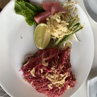 Beet dyed noodles  at Satdha Plant Based Thai Kitchen in Santa Monica